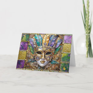 Mardi Gras Gold & Keramik Bunte Feder Maske Feiertagskarte