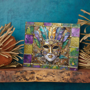 Mardi Gras Gold & Keramik Bunte Feder Maske Fotoplatte