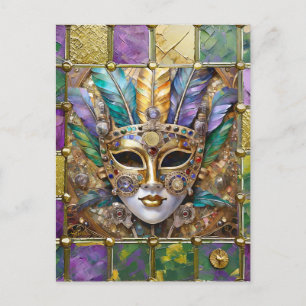 Mardi Gras Gold & Keramik Bunte Feder Maske Postkarte