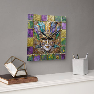 Mardi Gras Gold & Keramik Bunte Feder Maske Quadratische Wanduhr