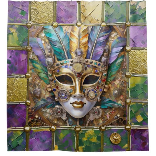 Mardi Gras Gold & Keramik Farbenfrohe Federn Maske Duschvorhang (Vorderseite)
