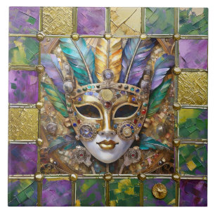 Mardi Gras Gold & Keramik Farbenfrohe Federn Maske Fliese