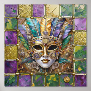 Mardi Gras Gold & Keramik Farbenfrohe Federn Maske Foliendrucke