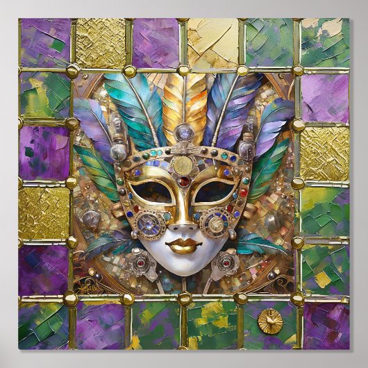 Mardi Gras Gold & Keramik Farbenfrohe Federn Maske Foliendrucke (Vorderseite)