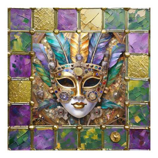 Mardi Gras Gold & Keramik Farbenfrohe Federn Maske Fotodruck (Vorne)