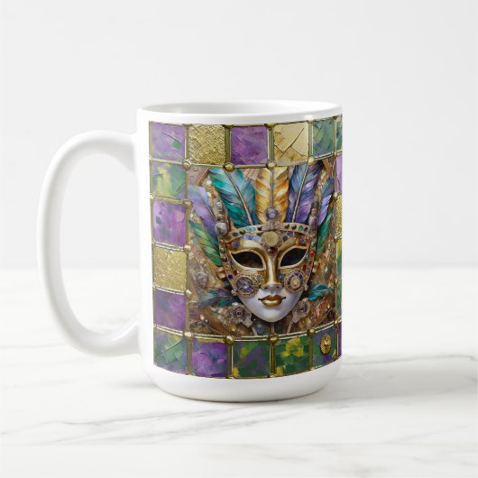 Mardi Gras Gold & Keramik Farbenfrohe Federn Maske Kaffeetasse (Links)