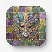 Mardi Gras Gold & Keramik Farbenfrohe Federn Maske Pappteller (Vorderseite)