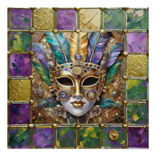Mardi Gras Gold & Keramik Farbenfrohe Federn Maske Poster