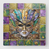 Mardi Gras Gold & Keramik Farbenfrohe Federn Maske Quadratische Wanduhr (Vorderseite)