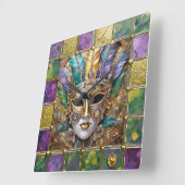 Mardi Gras Gold & Keramik Farbenfrohe Federn Maske Quadratische Wanduhr (Winkel)