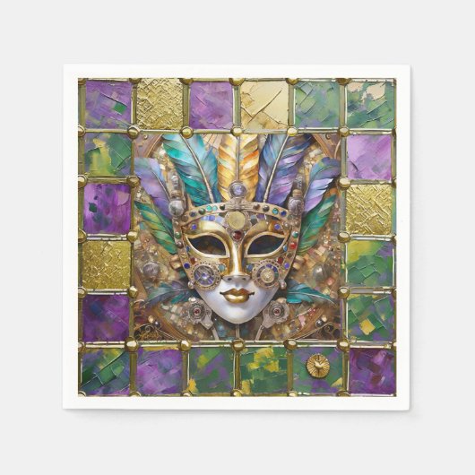 Mardi Gras Gold & Keramik Farbenfrohe Federn Maske Serviette (Vorderseite)