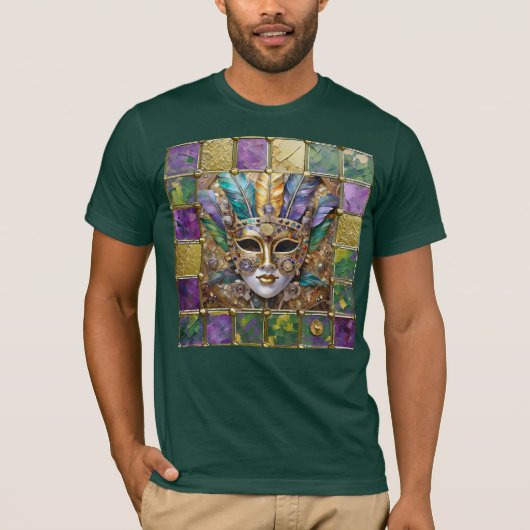 Mardi Gras Gold & Keramik Farbenfrohe Federn Maske T-Shirt (Vorderseite)