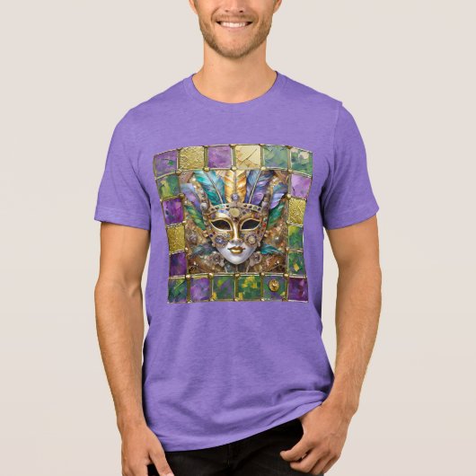 Mardi Gras Gold & Keramik Farbenfrohe Federn Maske Tri-Blend Shirt (Vorderseite)