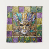 Mardi Gras Gold & Keramik Farbenfrohe Federn Maske Wandteppich (Vorderseite)