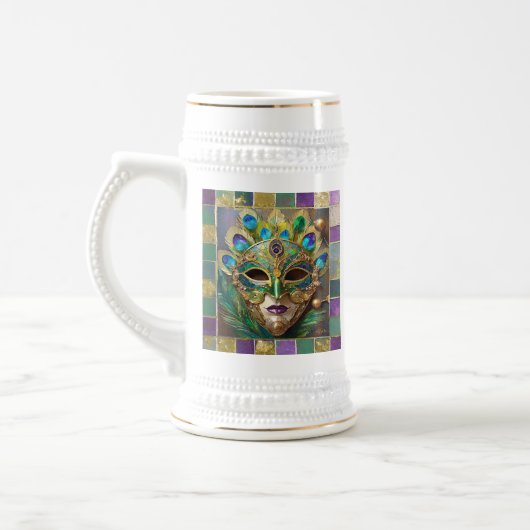 Mardi Gras Gold Keramik Peacock Feather Mask Bierglas (Links)