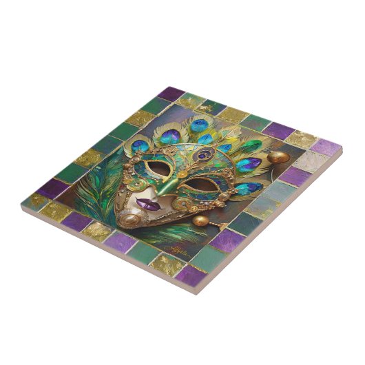 Mardi Gras Gold Keramik Peacock Feather Mask Fliese (Seite)