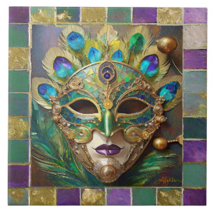 Mardi Gras Gold Keramik Peacock Feather Mask Fliese