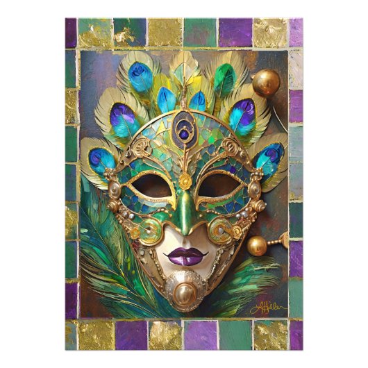 Mardi Gras Gold Keramik Peacock Feather Mask Fotodruck (Vorne)