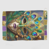 Mardi Gras Gold Keramik Peacock Feather Mask Golfhandtuch (Horizontal)