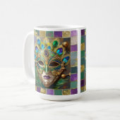 Mardi Gras Gold Keramik Peacock Feather Mask Kaffeetasse (Vorderseite Links)