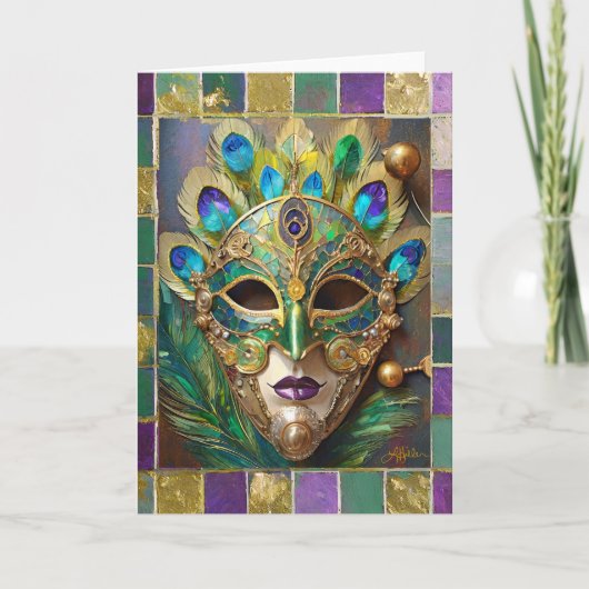 Mardi Gras Gold Keramik Peacock Feather Mask Karte (Vorderseite)