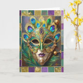 Mardi Gras Gold Keramik Peacock Feather Mask Karte (Gelbe Blume)