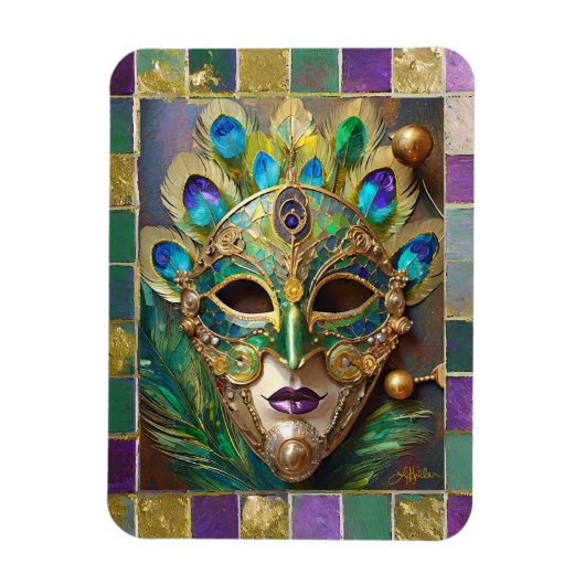 Mardi Gras Gold Keramik Peacock Feather Mask Magnet (Vertikal)