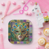 Mardi Gras Gold Keramik Peacock Feather Mask Pappteller (Party)