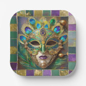 Mardi Gras Gold Keramik Peacock Feather Mask Pappteller (Vorderseite)