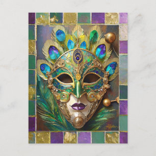 Mardi Gras Gold Keramik Peacock Feather Mask Postkarte