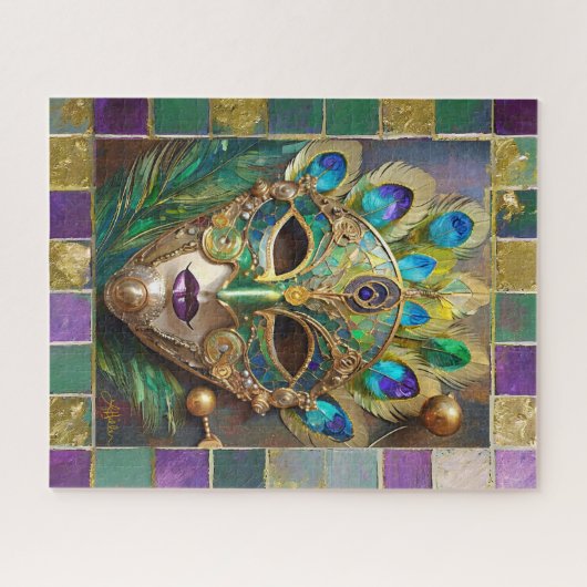 Mardi Gras Gold Keramik Peacock Feather Mask Puzzle (Horizontal)