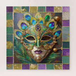 Mardi Gras Gold Keramik Peacock Feather Mask Puzzle