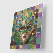 Mardi Gras Gold Keramik Peacock Feather Mask Quadratische Wanduhr (Winkel)