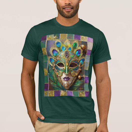 Mardi Gras Gold Keramik Peacock Feather Mask T-Shirt (Vorderseite)