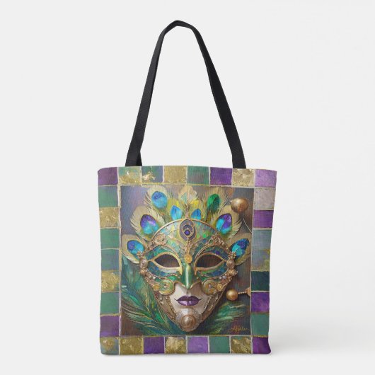 Mardi Gras Gold Keramik Peacock Feather Mask Tasche (Rückseite)