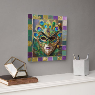 Mardi Gras Gold Keramik Pfauenfeder Maske Quadratische Wanduhr