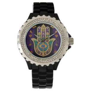 Mardi Gras Gold Lila Grüne Hamsas Art Armbanduhr