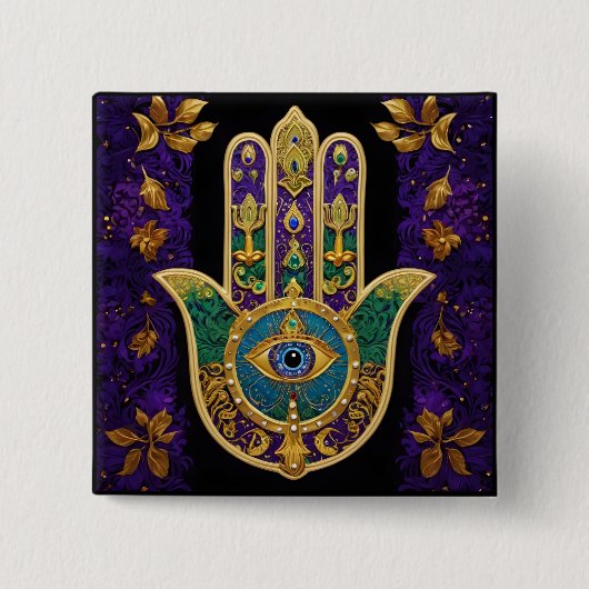 Mardi Gras Gold Lila Grüne Hamsas Art Button (Vorderseite)