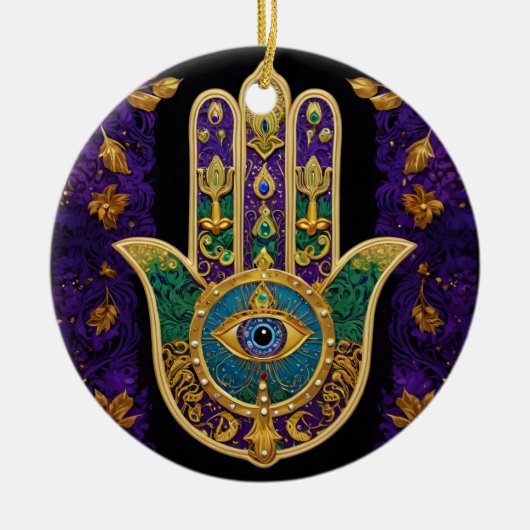 Mardi Gras Gold Lila Grüne Hamsas Art Keramik Ornament (Vorne)