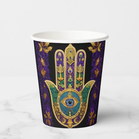 Mardi Gras Gold Lila Grüne Hamsas Art Pappbecher (Rückseite)