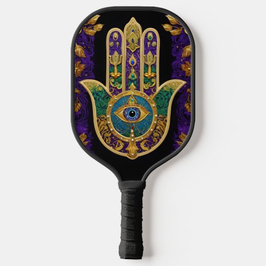 Mardi Gras Gold Lila Grüne Hamsas Art Pickleball Schläger (Rückseite)