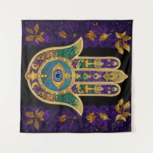 Mardi Gras Gold Lila Grüne Hamsas Art Wandteppich (Vorderseite (Horizontal))