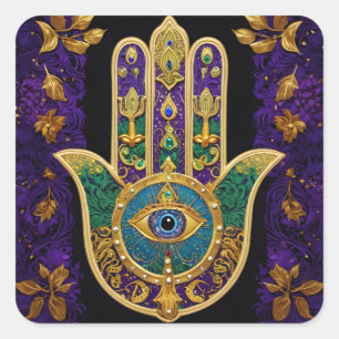 Mardi Gras Gold Lila Grüne Hamsas Kunst Quadratischer Aufkleber