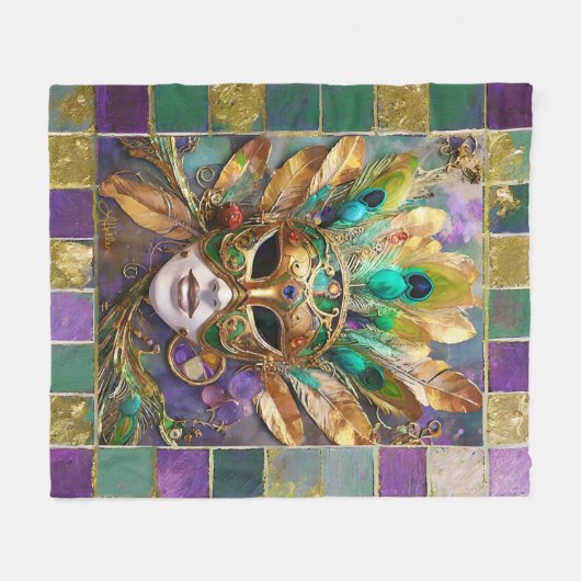 Mardi Gras Gold und Green Peacock Feather Mask Fleecedecke (Vorderseite (Horizontal))