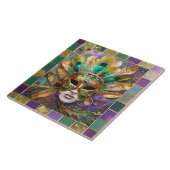Mardi Gras Gold und Green Peacock Feather Mask Fliese (Seite)
