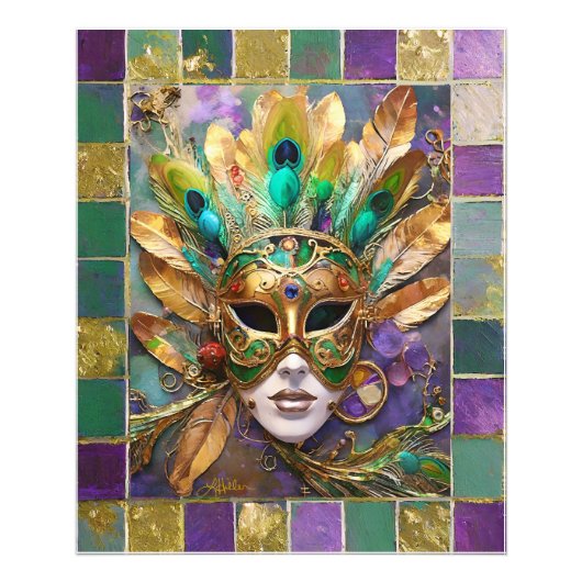 Mardi Gras Gold und Green Peacock Feather Mask Fotodruck (Vorne)