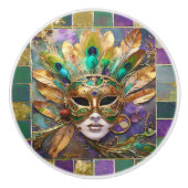 Mardi Gras Gold und Green Peacock Feather Mask Keramikknauf (Vorderseite)