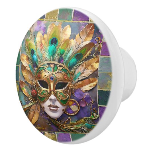 Mardi Gras Gold und Green Peacock Feather Mask Keramikknauf (Rechts)