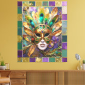 Mardi Gras Gold und Green Peacock Feather Mask Leinwanddruck (Insitu (Wohnzimmer))