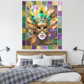 Mardi Gras Gold und Green Peacock Feather Mask Leinwanddruck (Insitu (Schlafzimmer))